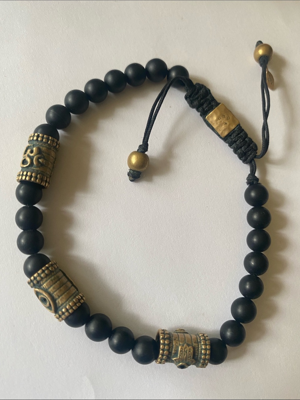 Black agate brass Beaded Bracelet with Antique Gold Accents made in Bali